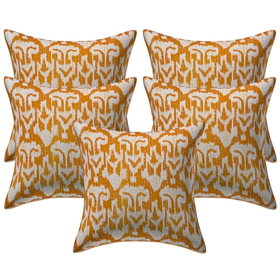 Stylo Culture Indian Settee Sofa Throw Pillow Covers 16 x 16 Kantha Mustard Yellow Printed 40x40 cm Home Decor Cotton Ikat Square Cushion Covers | Set Of 5