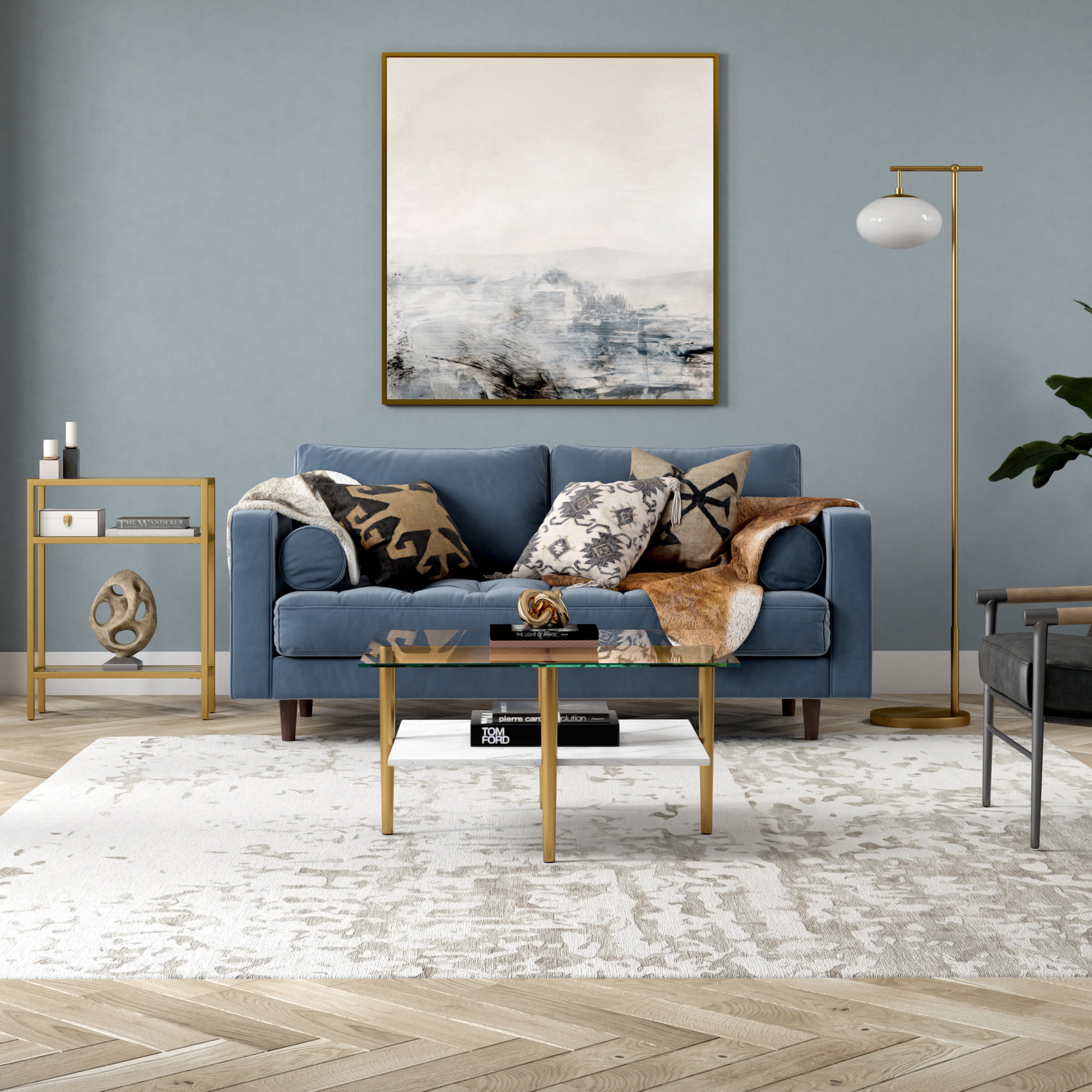 Evelyn&Zoe Otto 32" Wide Square Coffee Table with Faux Marble Shelf, Brass