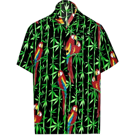 HAPPY BAY Men's Hawaiian Shirts Short Sleeve Button Down Shirt Men's Tropical Shirts Casual Holiday Summer Party Caribbean Shirts for Men Funny M Parrot Leaf, Black