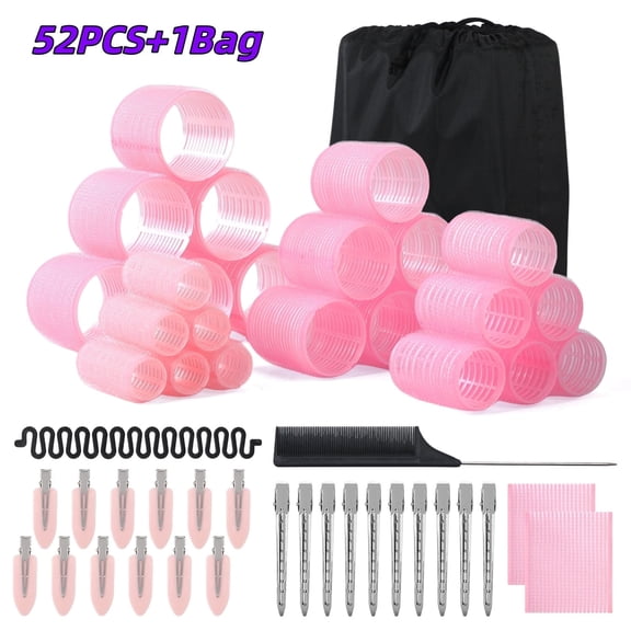 UNIWELL 52pcs Self Grip Velcro Hair Rollers, Reusable Heatless Curlers for Long Medium Short Hair, No Heat Sleep-in Salon Hairdressing Set Pink
