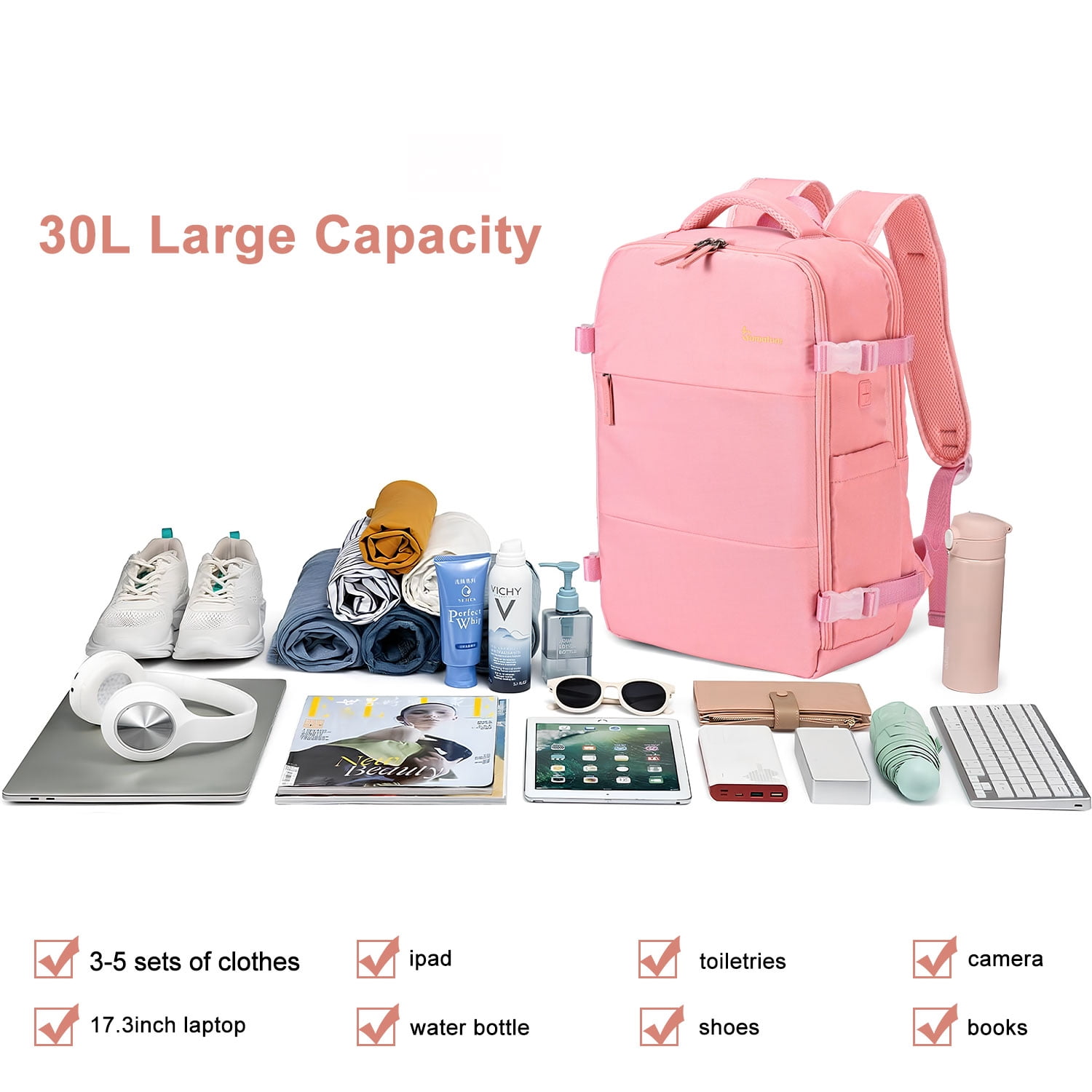 Travel Backpack for Men & Women, College Bookbag with Packing Cube Shoe Pocket, Flight Approved Carry on Backpack Fits 16" Laptop, Pink