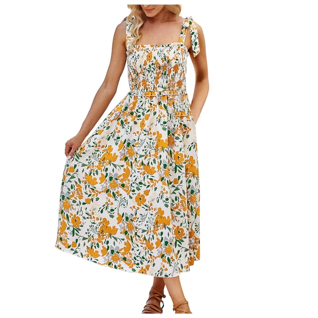 EQWLJWE Robe Longue pour Femmes Robe d'Été Imprimée Sans Manches Col Rond Aguichant Robe de Plage Décontractée Fluide