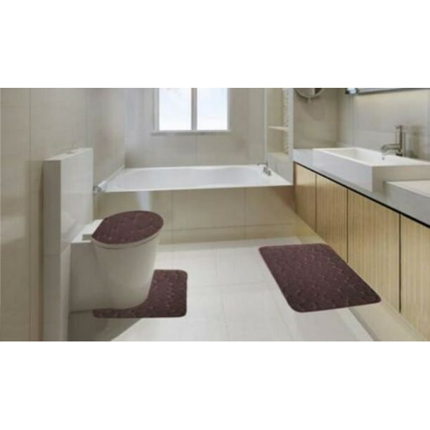 Coffee 3 Piece Rock Memory Foam Bathroom Mat Set Flannel Embossed