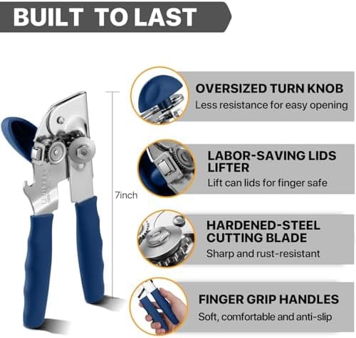 Can Opener Manual Heavy Duty,  Hand Held Can Openers for Seniors with Comfort Grip Sharp Blade, Solid Steel Hand Manual Can Open with Magnet for Kitchen Camping, Blue