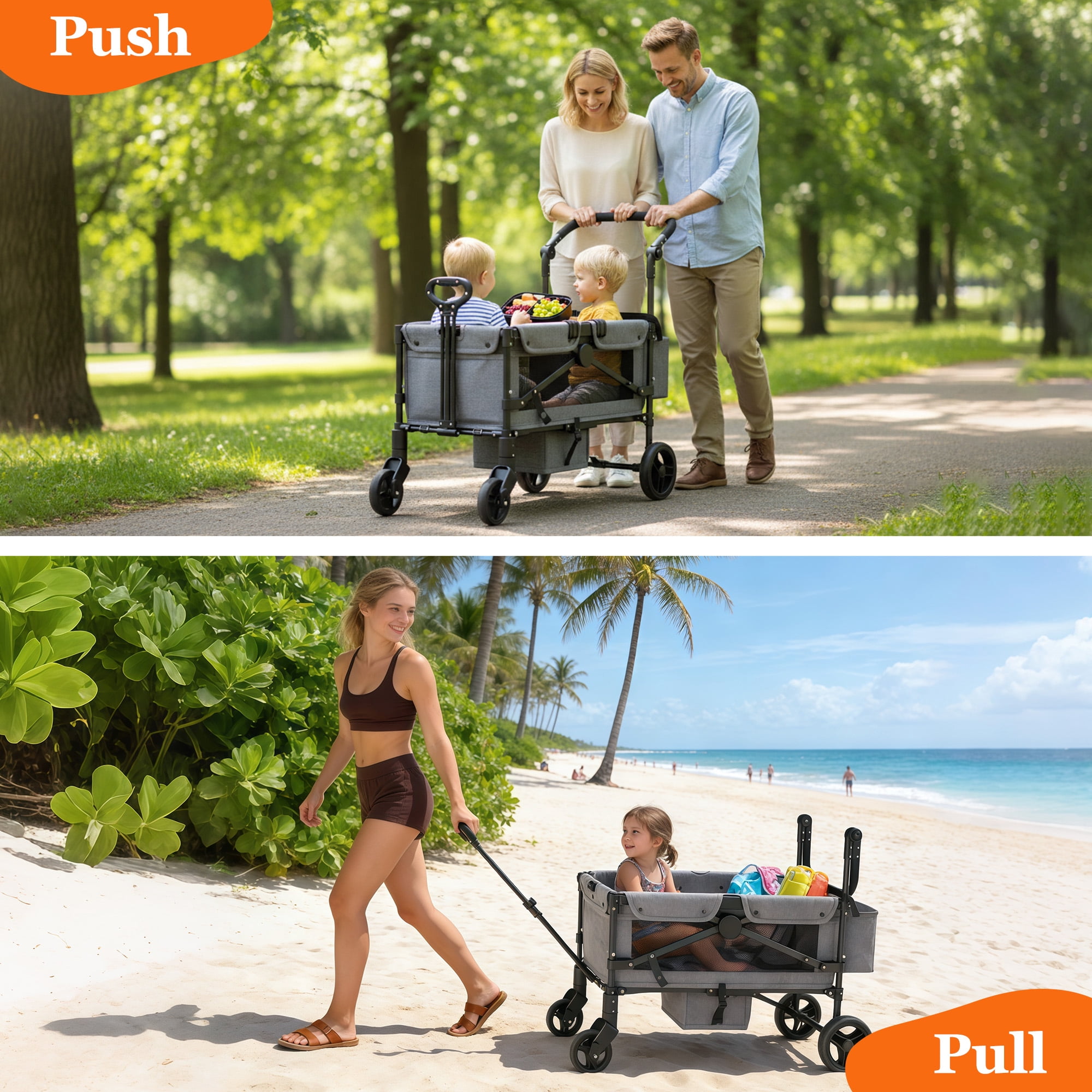 TouHeart Wagon Stroller for kids, 2 Seater Folding Stroller Wagon with Canopy, 5-Point Harness, Gray