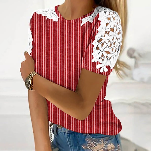 Fiudx Camisas de Mujer Blusa de Manga Corta con Cuello Redondo y Estampado para Mujer