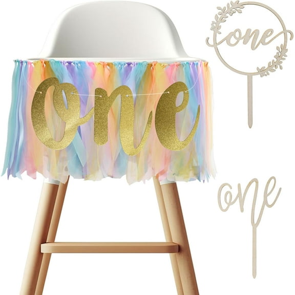 1st Birthday Highchair Banner, Rainbow Silk Polyester Baby High Chair Pull up Flag Set Wooden ONE Cake Topper for Wall Hangings Decoration First Birthday Decoration