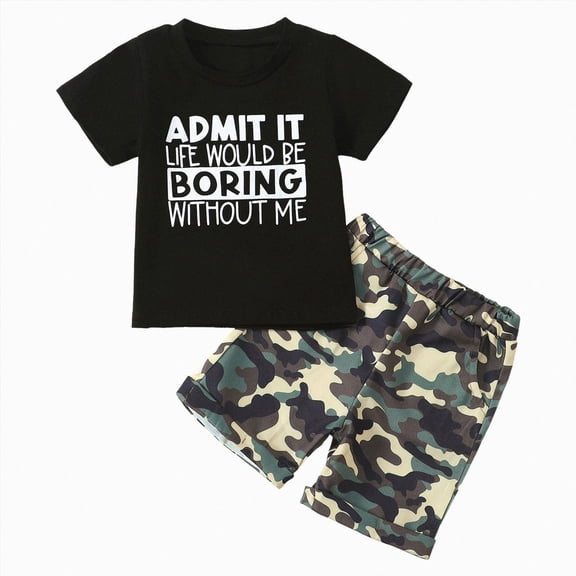 Toddler Kids Boy Summer Clothes Sets 1t 2t 3t 4t 5t Letter Short Sleeve Tops Camouflage Shorts Outfits Black 3-4 Years