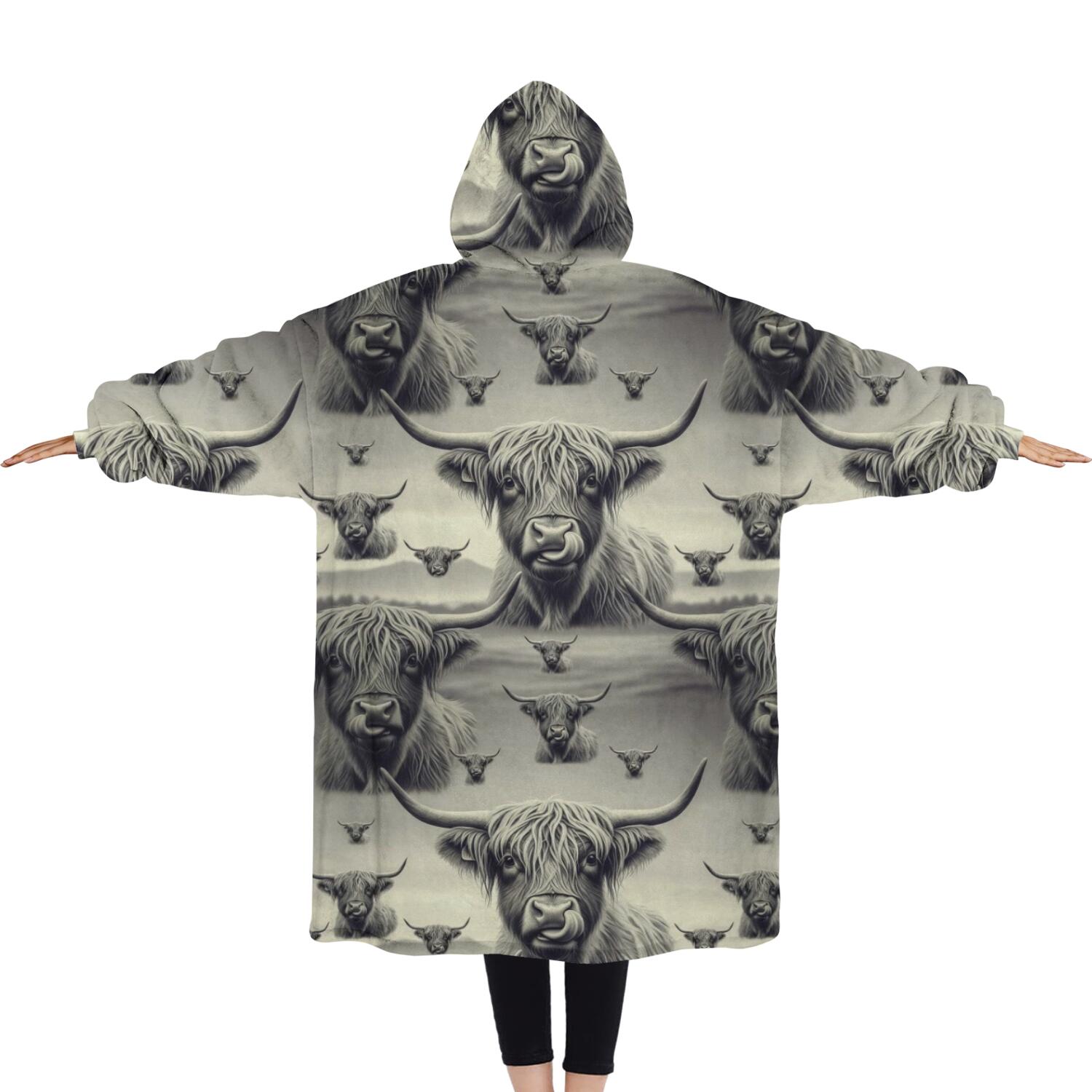 Oversized Wearable Blanket Hoodie,Gray Highland Cow Layer Pattern Sherpa Blanket Hoodie with Super Pockets,Super Warm Fuzzy Pullover for Women & Men