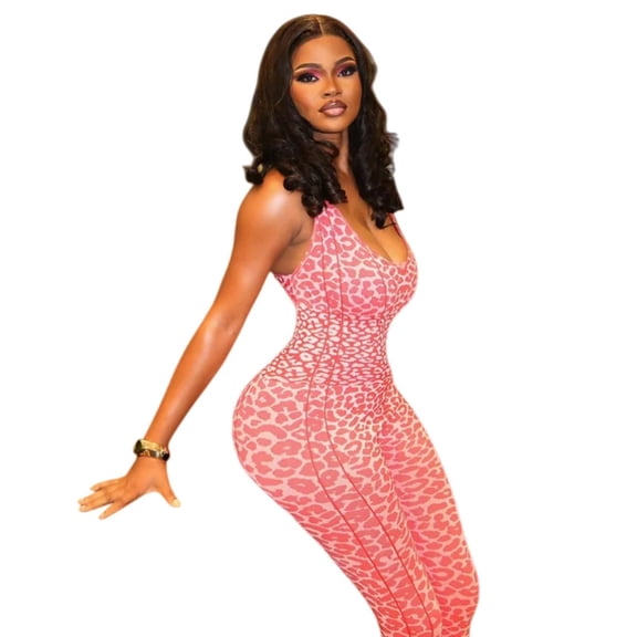 Women's Leopard Print Halter U-Neck Sleeveless Waistband Backless Jumpsuits, Sexy