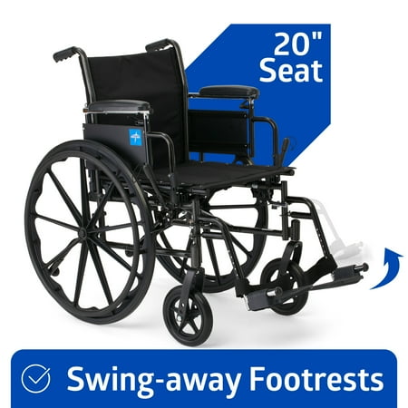 Medline Wheelchair with Swing-Back Desk Arms, Swing-Away Footrests, 20-In Seat, Height Adjustable, 300 lb Weight Capacity, Black