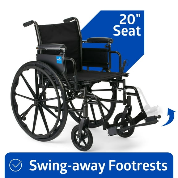 Medline Wheelchair with Swing-Back Desk Arms, Swing-Away Footrests, 20-In Seat, Height Adjustable, 300 lb Weight Capacity, Black