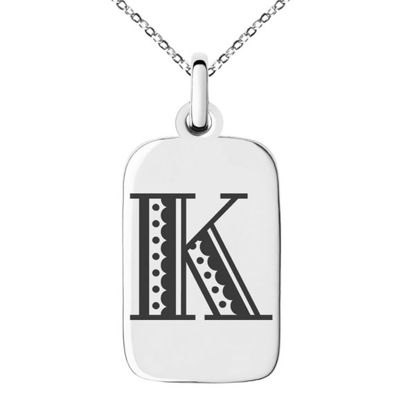 Stainless Steel Letter K Initial Metro Retro Monogram Engraved Small Rectangle Dog Tag Charm Pendant Necklace
