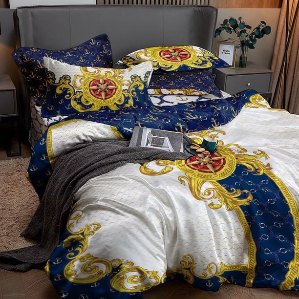 Juego de Cama Barroco Marino Azul Amarillo Blanco Diseño Personalizado - Reversible