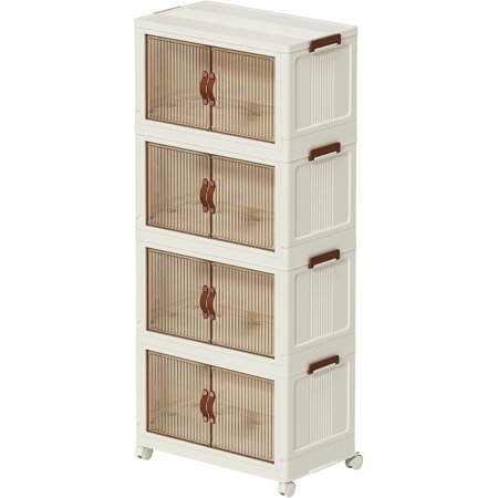 130 QT Large Storage Bins with Lids, Stackable Storage Bins Open Front, Plastic Storage Containers with Wheels for Clothes, Home, Room, 4 Tiers