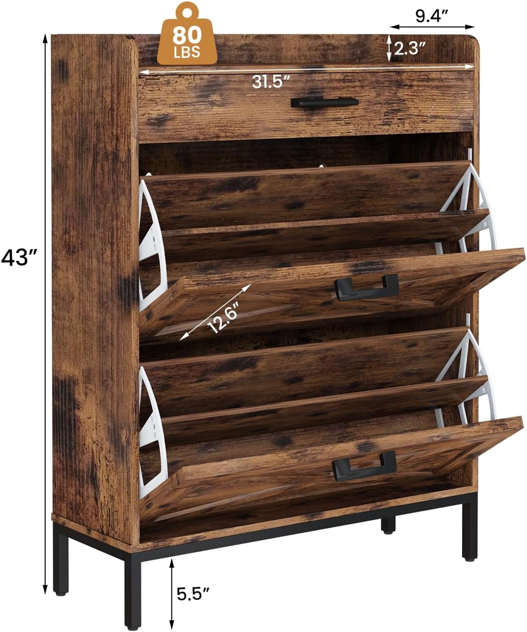 Baxluxe Shoe Cabinet with 2 Flip-Down Drawers & 4 Tiers 16 Pairs Wooden Shoe Rack for Entryway Freestanding Shoe Rack for Closet,Hallway, Closet, Dorm, Retro