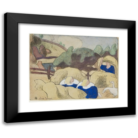 Emile Bernard 14x12 Black Modern Framed Museum Art Print Titled - Women Doing Hay (Women Making Haystacks) (1889)