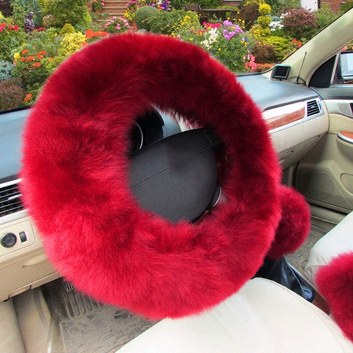 1 Set 3 Pcs Car Steering Wheel Cover Handbrake Cover and Gear Shift Cover Set Faux Wool Warm Winter, Wine Red