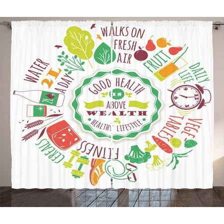 Good Quality Bedroom Sets Fitness Curtains 2 Panels Set, Good Health is Above Wealth Wellness Motivation Water Fruits Fitness Walk Cereals, Window Drapes for Living Room Bedroom, 108W X 84L Inches, Multicolor, by Ambesonne ()