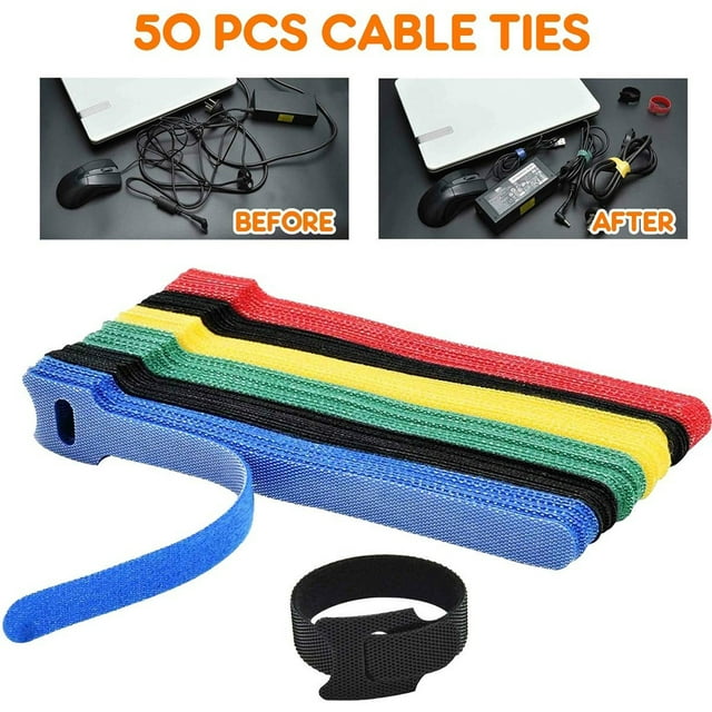 50 Pcs Attaches de Câble Réutilisables Cordons Réglables Crochets et Boucles Gestion des Câbles Organisateur