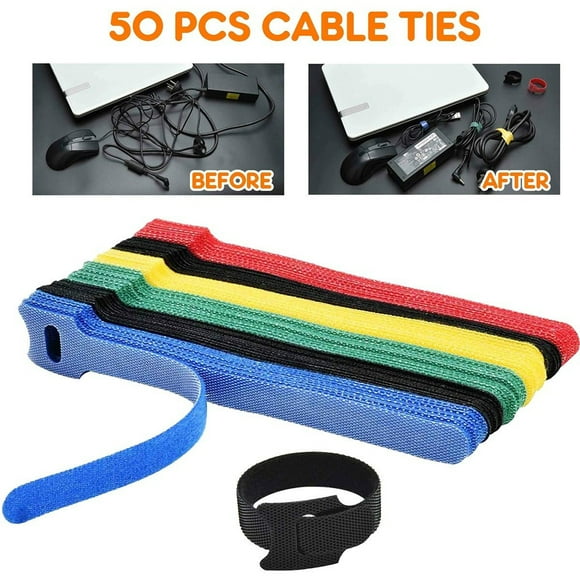 50PCS Reusable Fastening Cable Ties Adjustable Cord Ties Hook and Loop Cords Management Wire Organizer Wraps