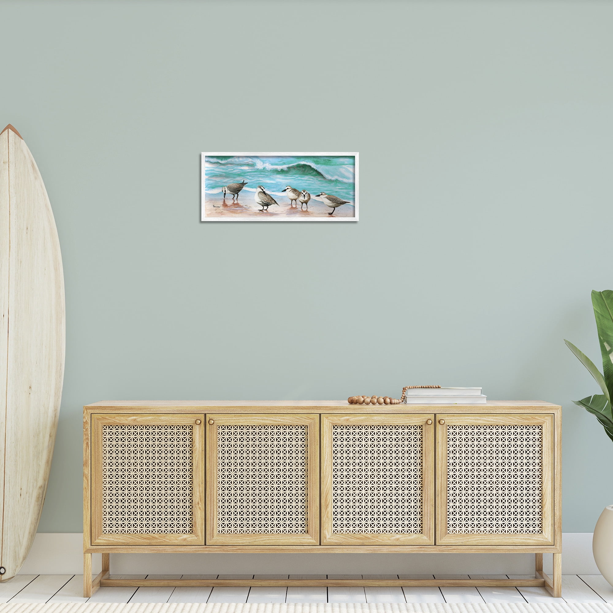 Stupell Industries Sandpipers Along Beach Shore Animals & Insects Painting White Framed Art Print Wall Art, 24 x 10