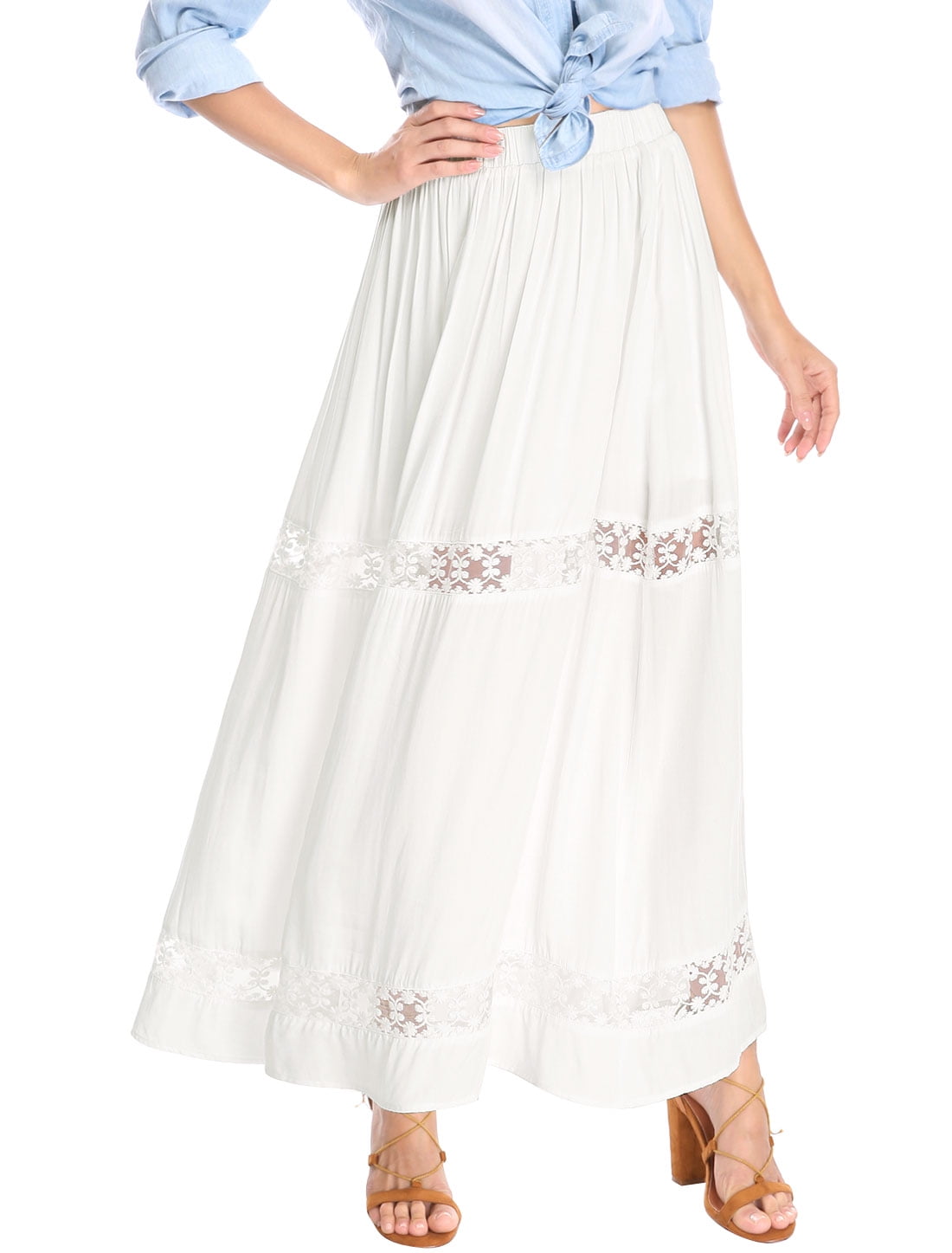 Unique Bargains Women's Lace Insert Elastic Waist A Line Maxi Skirt White (Size XL / 18