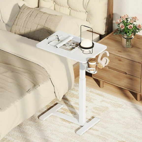 Harmijoy C Shaped Side Table Height Adjustable Overbed Bedside Table w/Hook & Cup Holder