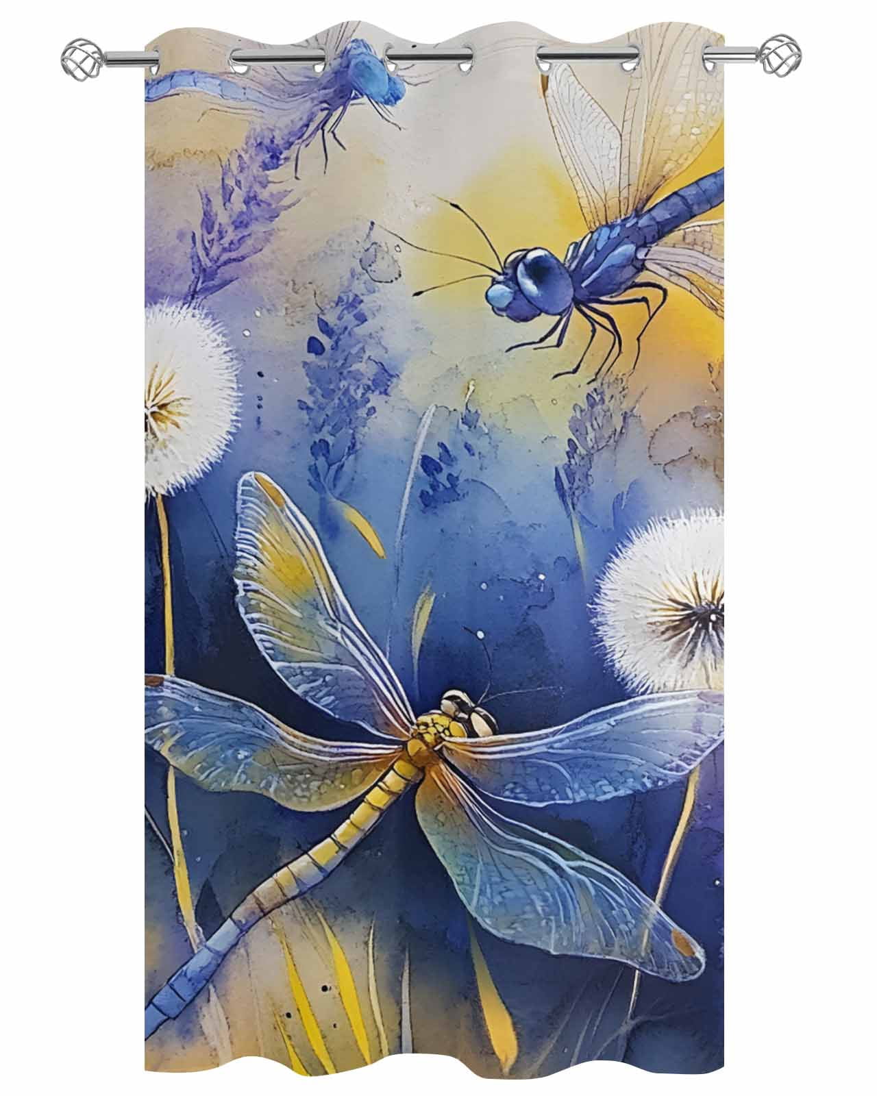 nqOlkjepod Outdoor Curtains for Patio Waterproof, Purple Dragonfly Outdoor Privacy Panels Grommet, Watercolor Spring Summer Floral Blackout Outside Curtains for Porch/Cabana 54"x108", 1 Panel