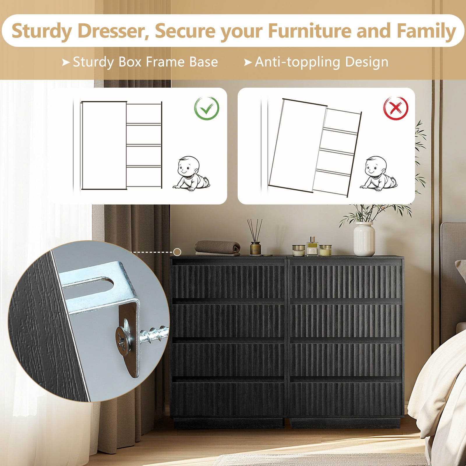 UPGO Wood Dresser, 5 Drawer Dresser for Bedroom, Modern Chest of Drawers with Deep Drawers Waterproof Living Room, Hallway, Entryway,Black