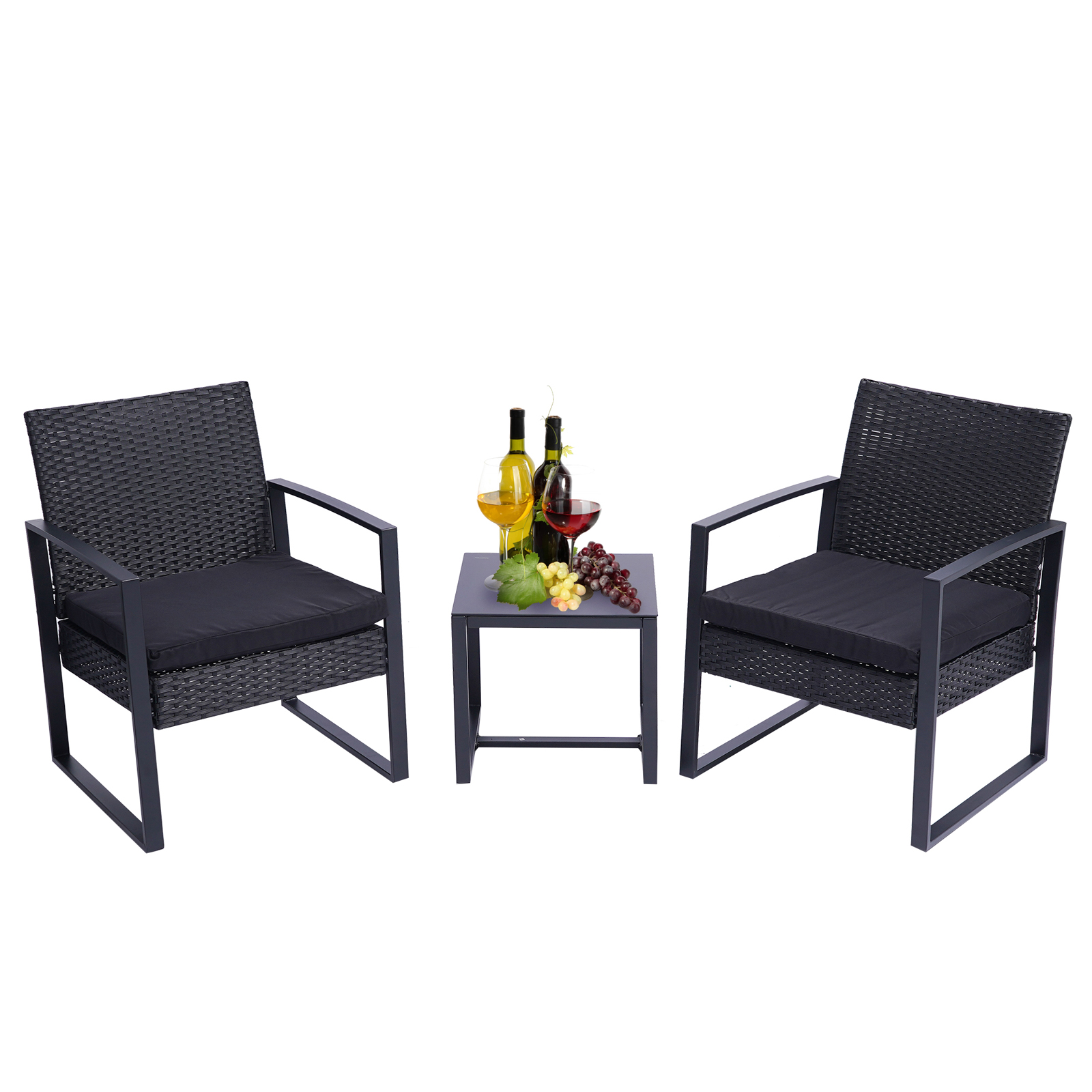 3 Pieces Patio Conversation Sets, Outdoor Rattan Patio Furniture Set with Glass Coffee Table and Removable Cushions, Modern Small Wicker Bistro Set for Porch Balcony Garden Backyard Poolside - image 1 of 7