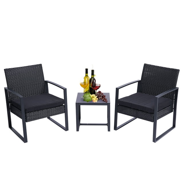 3 Pieces Patio Conversation Sets, Outdoor Rattan Patio Furniture Set with Glass Coffee Table and Removable Cushions, Modern Small Wicker Bistro Set for Porch Balcony Garden Backyard Poolside