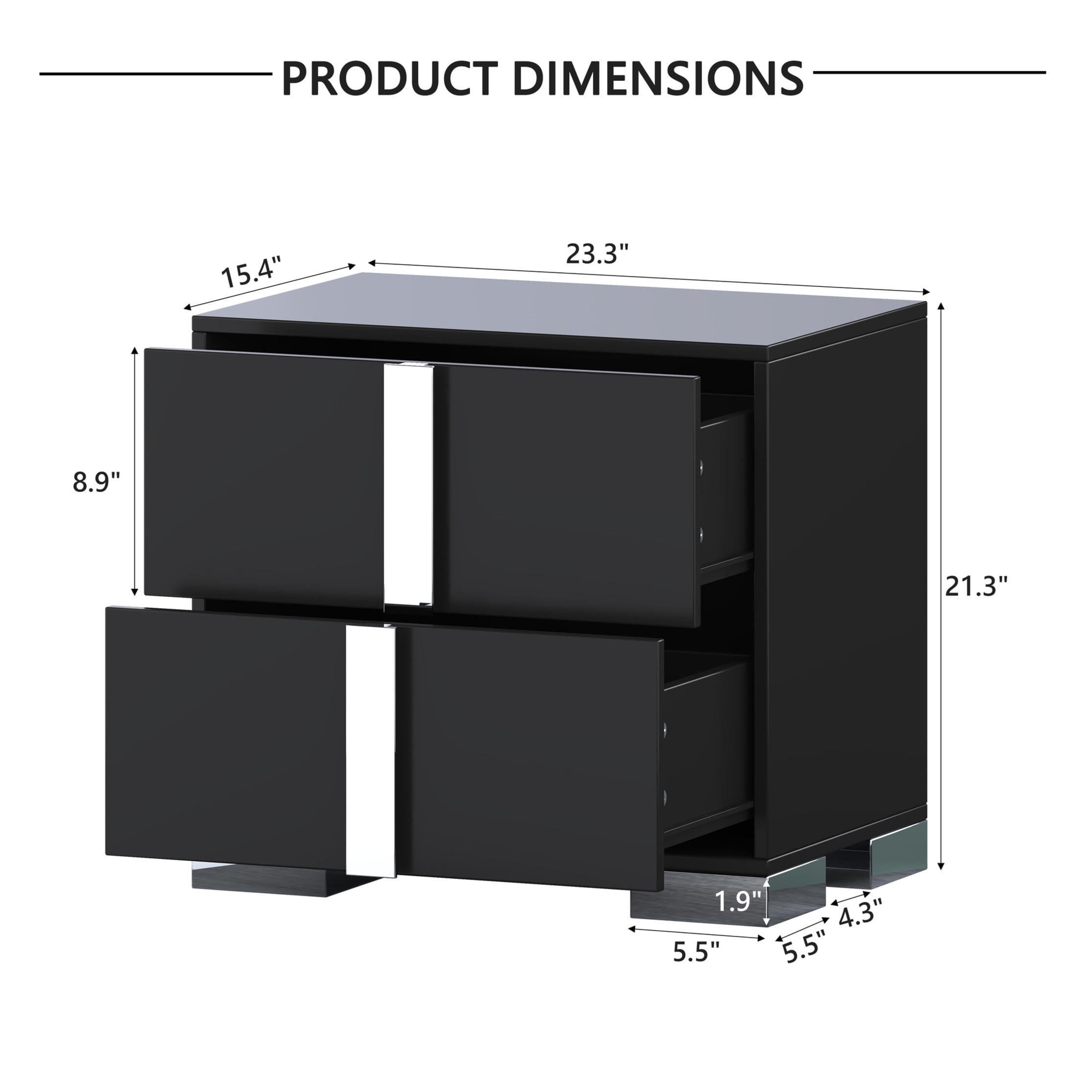 Noble House Modern Mirrored Nightstand with 2 Drawers and Metal Legs, Black