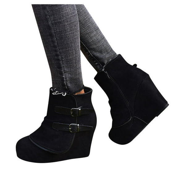 Platform Wedge Boots for Women 2025 Vintage Buckles Suede Chunky High Heels Fold over Mid Calf Ankle Booties