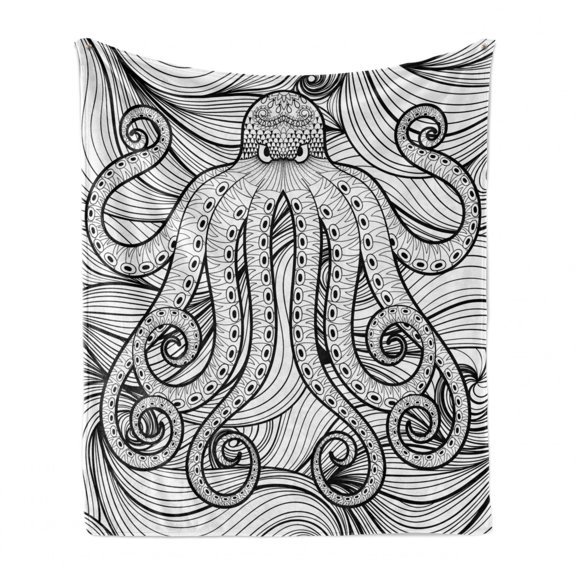 Octopus Soft Flannel Fleece Throw Blanket, Kraken Octopus in the Sea Mandala Style Pattern Tentacles Marine, Cozy Plush for Indoor and Outdoor Use, 50" x 60", Black White, by Ambesonne