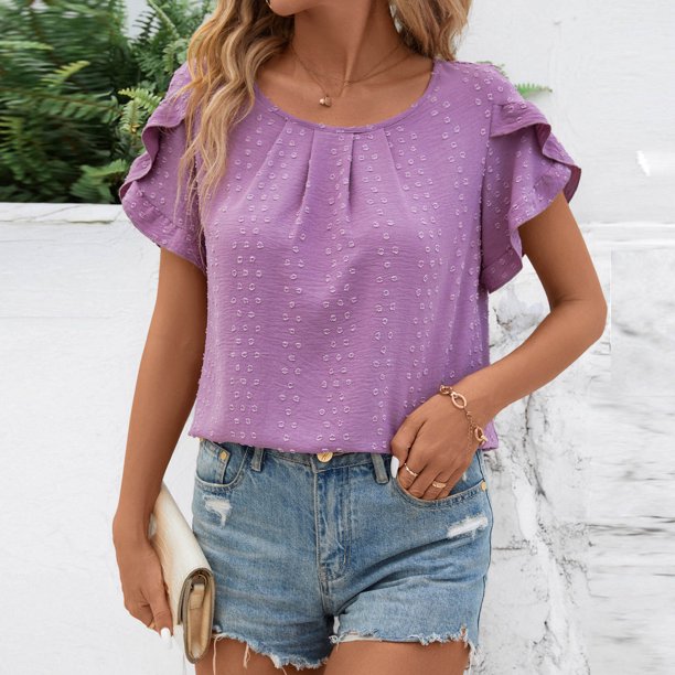 mfyjkho Tops Para Hacer Ejercicio Para Mujer, Camisa Informal Holgada De Manga Corta Con Volantes Y Cuello Redondo Plisado Para Mujer Tops Para Hacer Ejercicio M