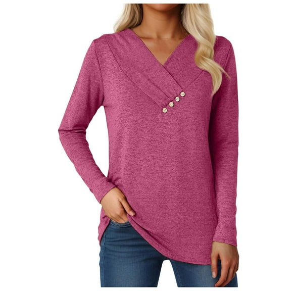 larppty Women's Fall Long Sleeve Tunic Tops V Neck Button Casual Blouse Sweatshirt (Hot Pink, L)