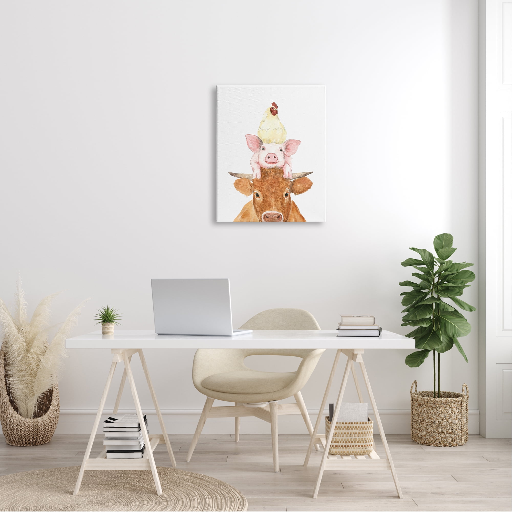 Stupell Industries Farm Animals Stacked Cute Illustration Cow Hen Pig Canvas Wall Art, 24 x 30, Design by White Ladder
