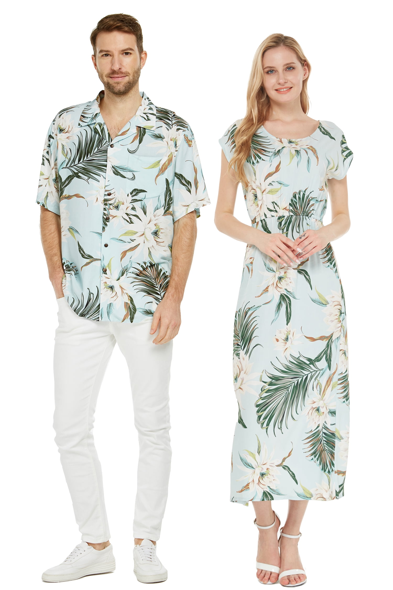 Couple Matching Hawaiian Luau Shirt Cap Sleeve Maxi Dress in Hibiscus ...