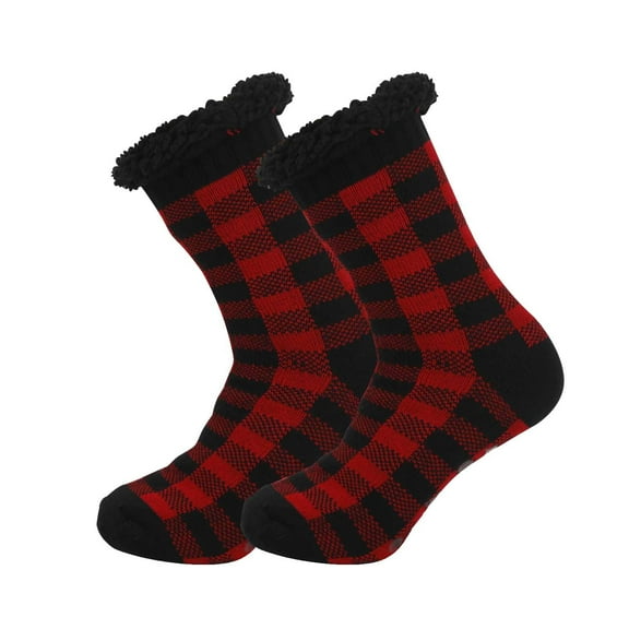 Yuanlong Womens Mid-Calf Socks Red & Black Plaid Fuzzy Crew Socks Cozy Soft Stretchy Winter Home Wear Thermal Socks