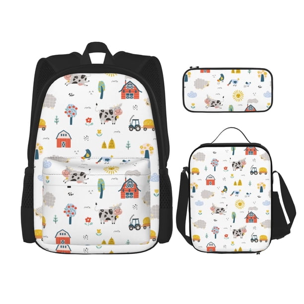 Easygdp Farm Animals Mochila para Niños y Niñas con Set de Caja de Almuerzo y Estuche para Lápices 3 en 1, Mochila Escolar Estampada para Adolescentes