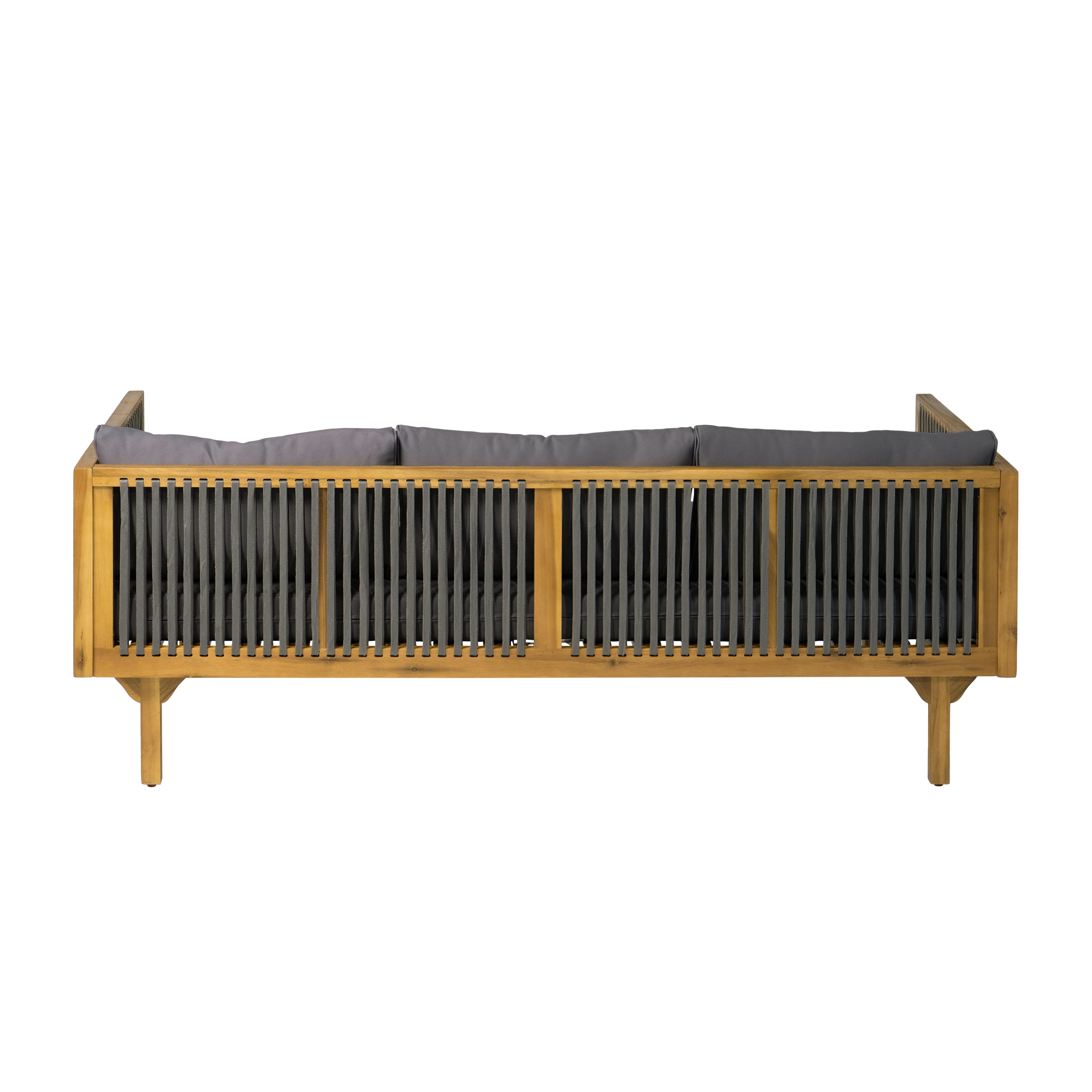 Patio Sofa, Outdoor Dark Grey Cushion Sofa with Grey Rope Acacia Wood for Garden Deck, Teak