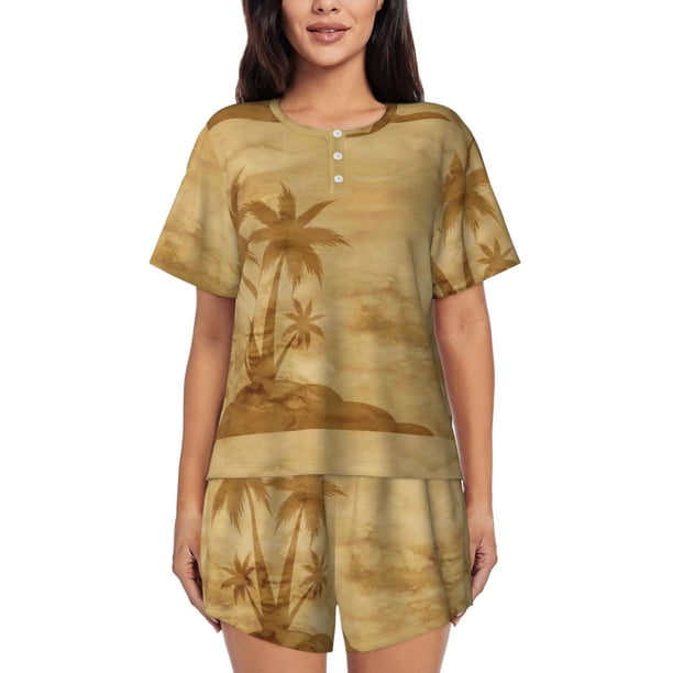 Balery Retro Palm Tree Conjunto de Pijama para Mujer con Estampado, Dos Piezas de Manga Corta y Shorts, Ropa de Dormir Suave con Cuello Redondo y Bolsillos-Large