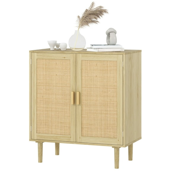 HOMCOM Bohemian Sideboard with 2 Rattan Doors and Shelves, Oak