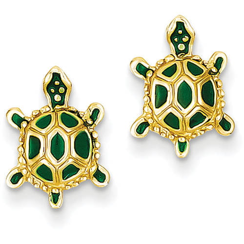 12mm x 9mm Solid 14k Yellow Gold Green Enameled Turtle Post Earrings