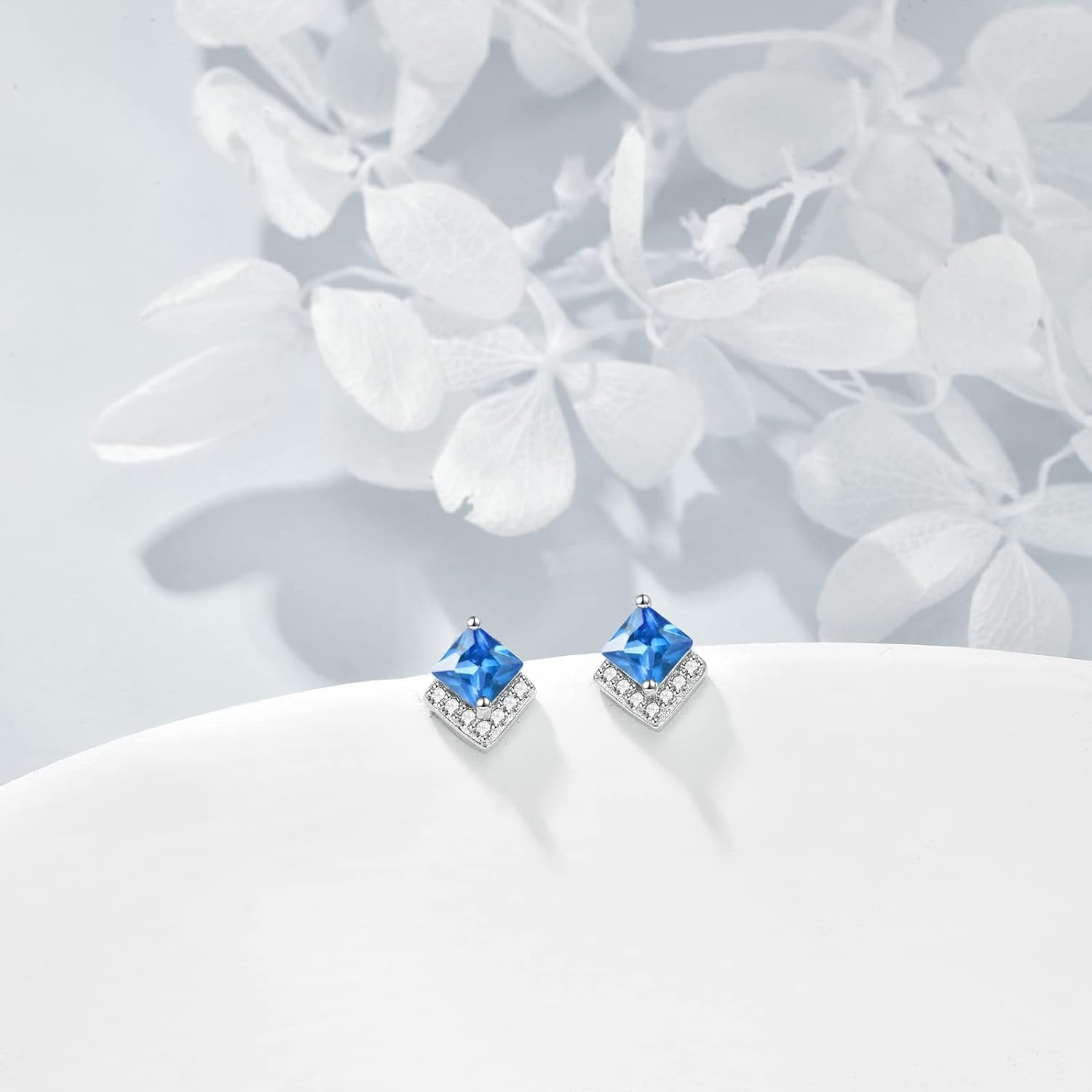 Birthstone Stud Earrings Sterling Silver Square Created Blue Topaz Crystal December Earrings Cubic Zirconia Piercing Jewelry Small Gifts for Women Mothers