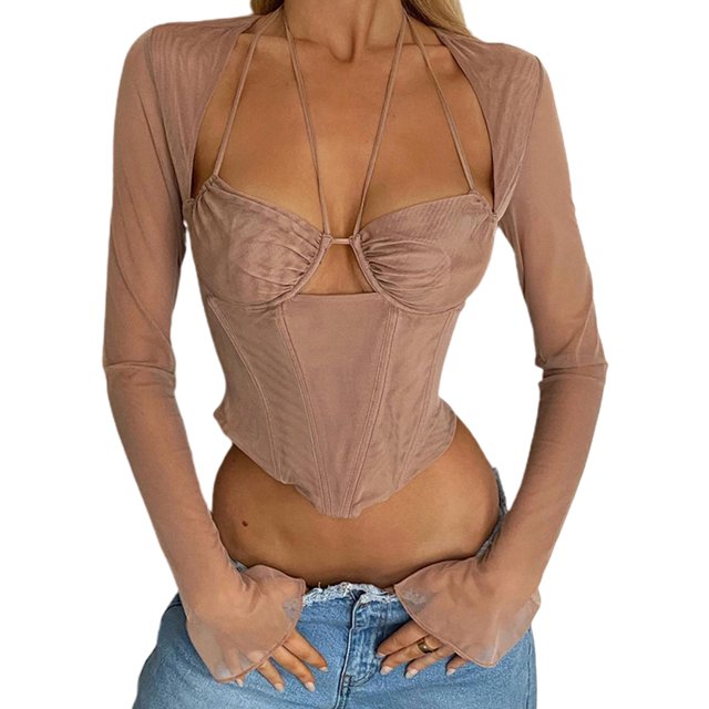 VISgogo, blusas cortas para mujer, camisas ajustadas huecas de corte bajo con cuello Halter de manga larga de malla de Color sólido para mujer VISgogo moda