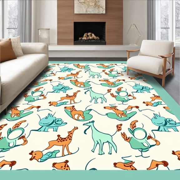 ODIKA 4'x6' Machine Washable Non-Slip Area Rug, Safari Adventure Jungle Wildlife Decorative High Traffic Rug, Ivory, 684853