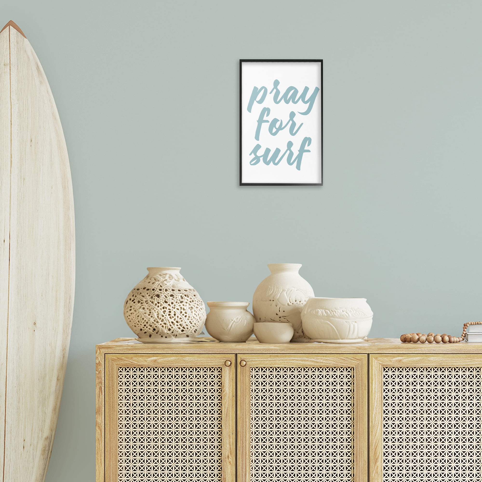 Stupell Industries Pray For Surf Typography Painting Black Framed Art Print Wall Art, 12 x 18