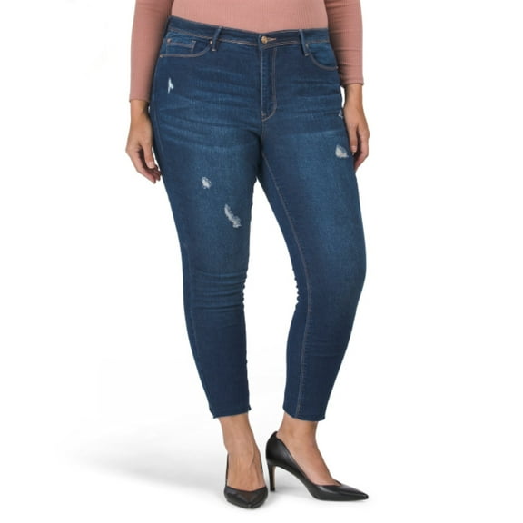 Nanette Lepore Women's Plus Belle High Rise Stretch Destructed Ankle Skinny Jeans-Dark Blue / 18